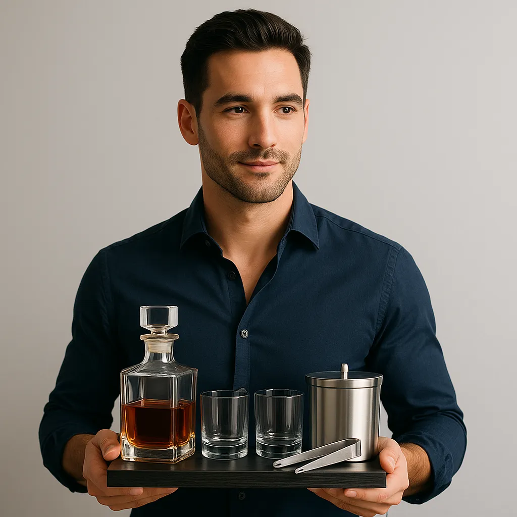 Ein Mann  mit Mini-Bar-Set